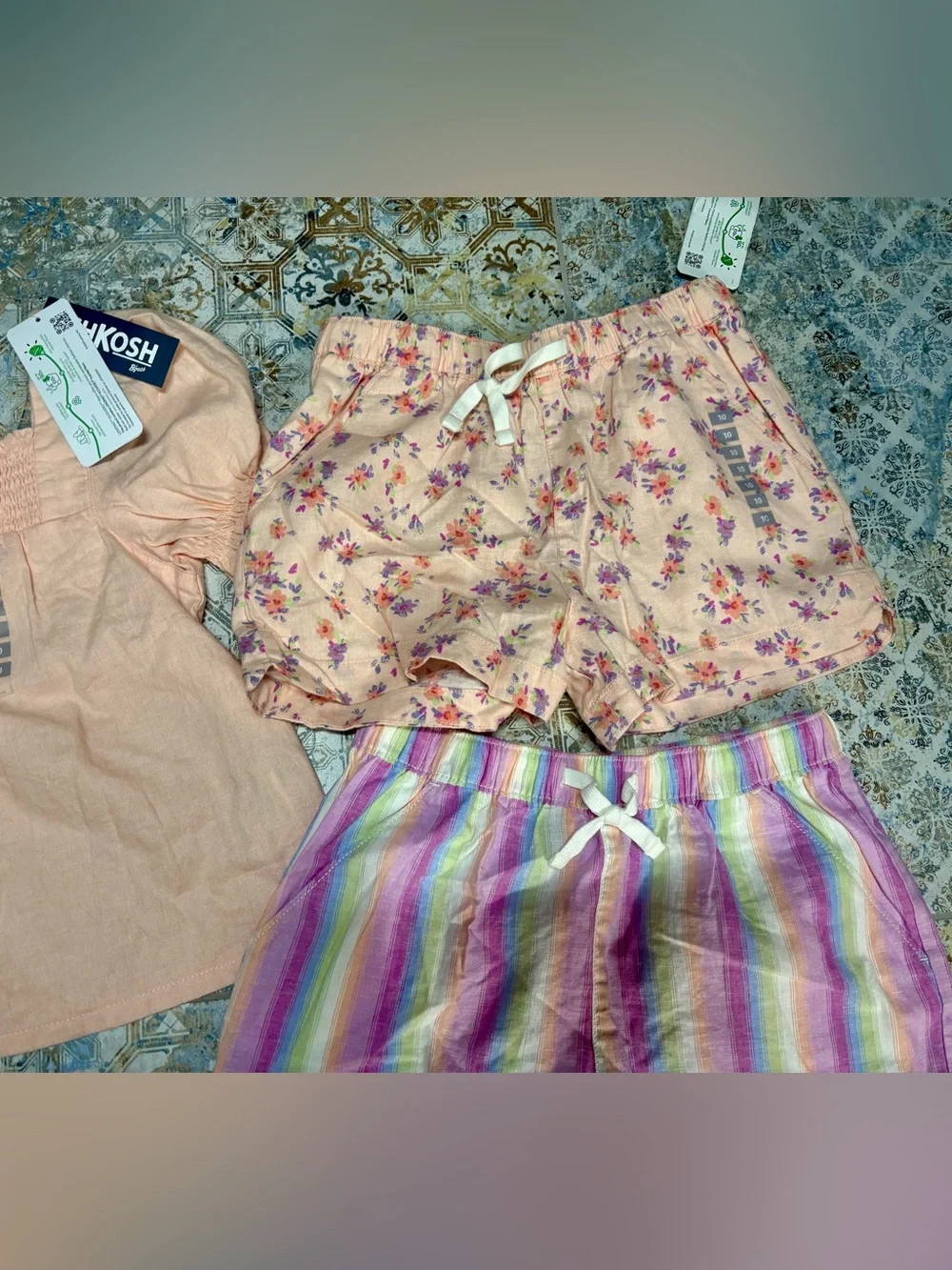 OshKosh B'gosh Peach Top with Peach Floral and Pastel Striped Shorts Set